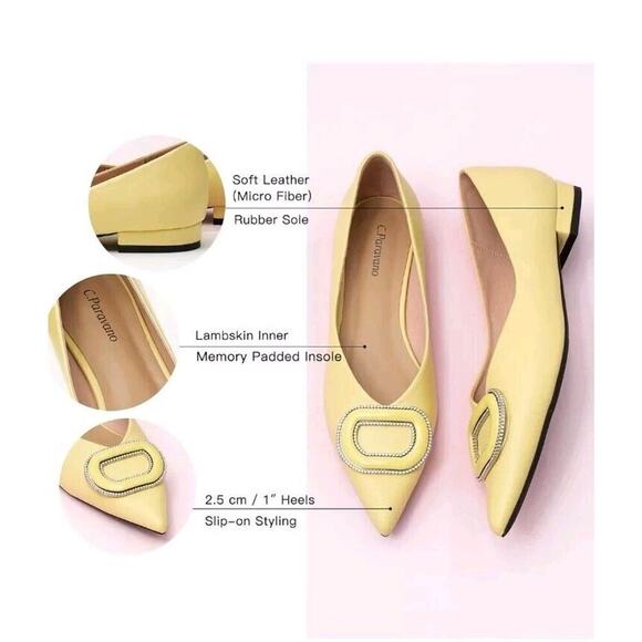 New! C.Paravano Leather Pointed Toe Flats Crystal Buckle Yellow US 8.5 $118 - Picture 13 of 14
